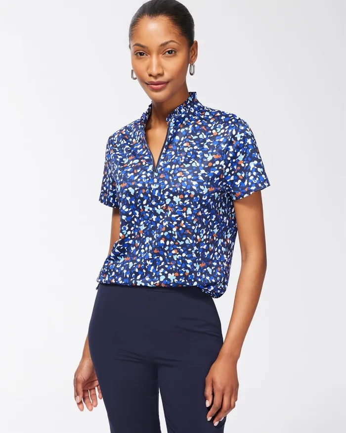 Chico039s Zenergy UPF Dots Ruffle Neck Polo Blue Grotto Women Activewear