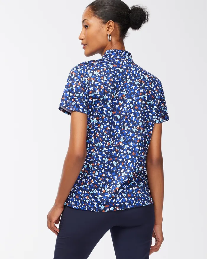 Chico039s Zenergy UPF Dots Ruffle Neck Polo Blue Grotto Women Activewear