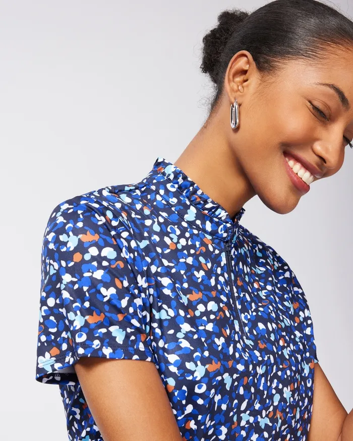 Chico039s Zenergy UPF Dots Ruffle Neck Polo Blue Grotto Women Activewear