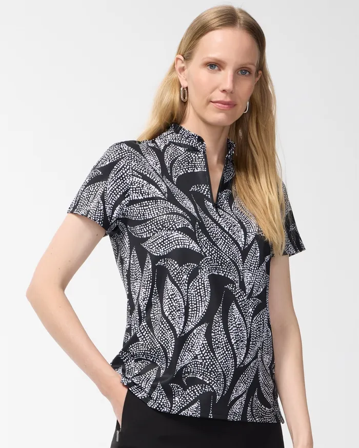 Chico039s Zenergy UPF Foliage Ruffle Neck Polo Black Women Activewear