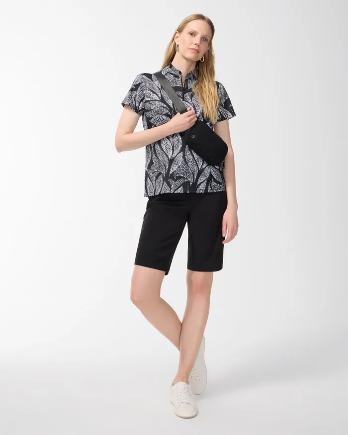 Chico039s Zenergy UPF Foliage Ruffle Neck Polo Black Women Activewear