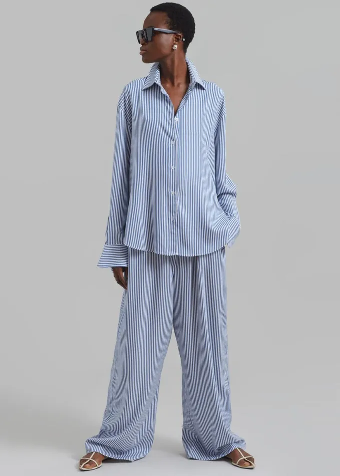 Clothing Women The Frankie Shop Mirca Fluid Elastic Pants 8211 WhiteBlue Stripe