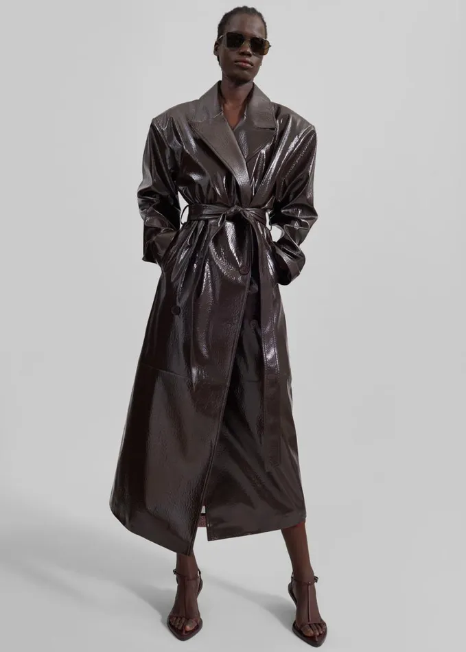 Clothing Women The Frankie Shop Tina Crackled Faux Leather Trench Coat 8211 Brown
