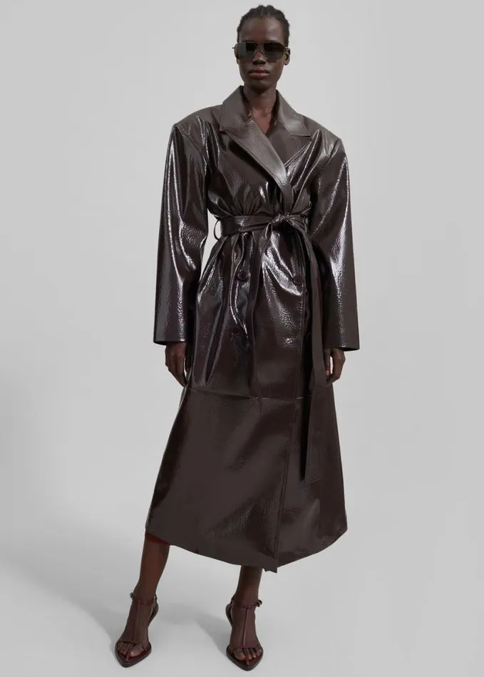 Clothing Women The Frankie Shop Tina Crackled Faux Leather Trench Coat 8211 Brown