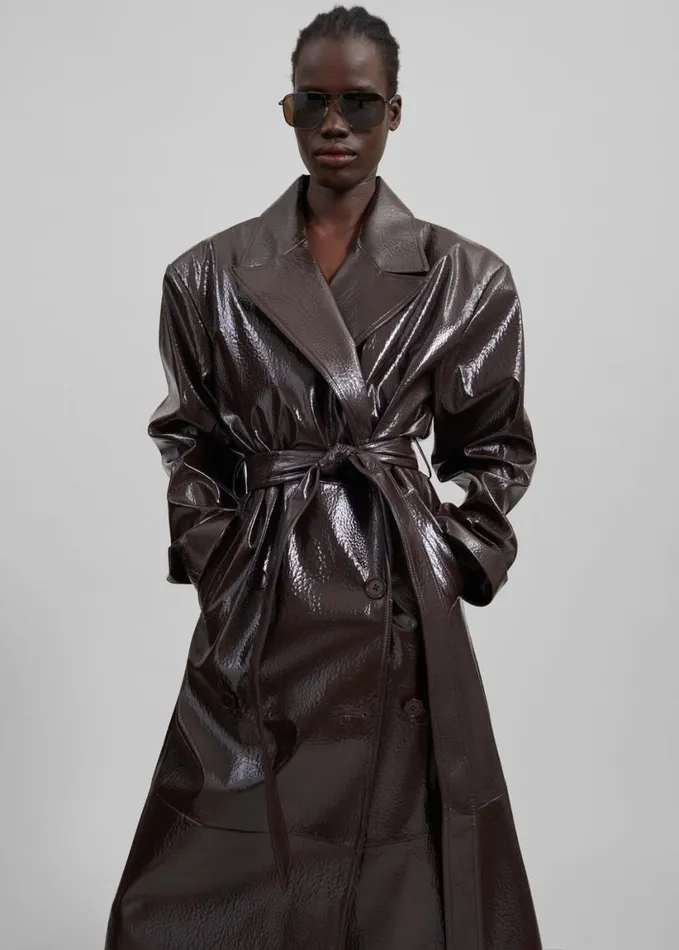 Clothing Women The Frankie Shop Tina Crackled Faux Leather Trench Coat 8211 Brown