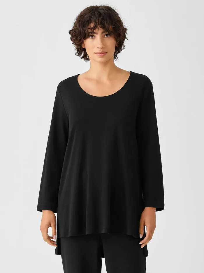 Cozy Organic Cotton Interlock UNeck Top Black Women Eileen Fisher Sleepwear