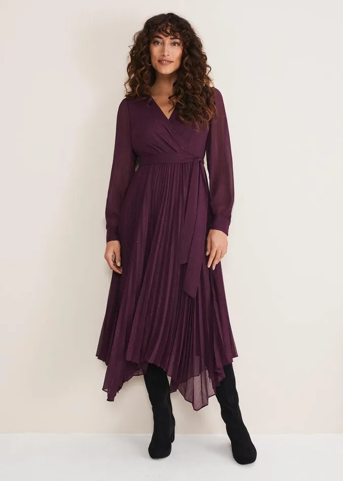 Dani Pleated Belted Midi Dress Plum Women Phase Eight Dresses