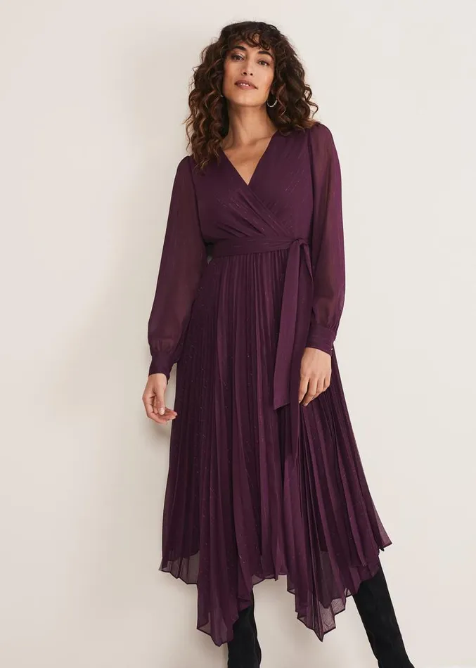 Dani Pleated Belted Midi Dress Plum Women Phase Eight Dresses