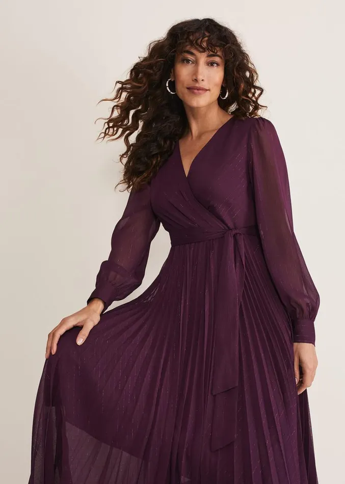 Dani Pleated Belted Midi Dress Plum Women Phase Eight Dresses