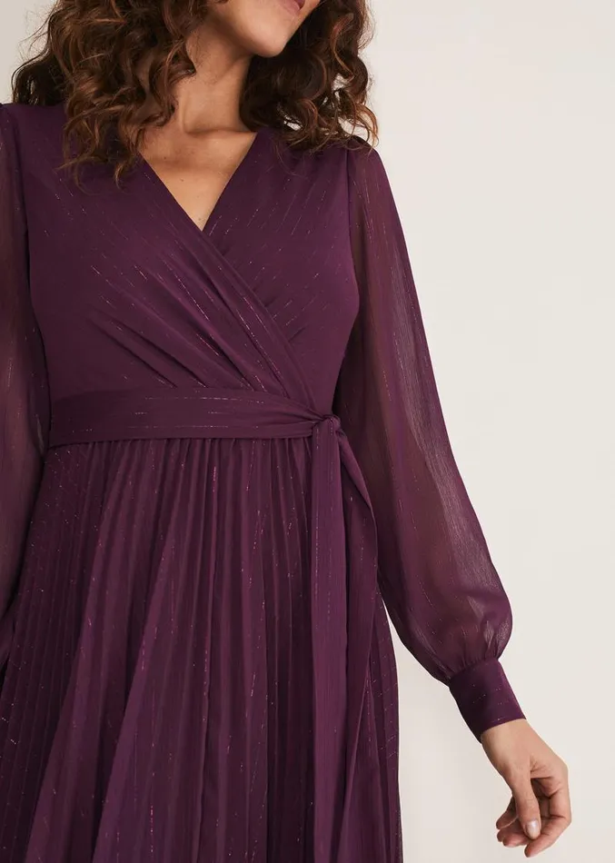 Dani Pleated Belted Midi Dress Plum Women Phase Eight Dresses