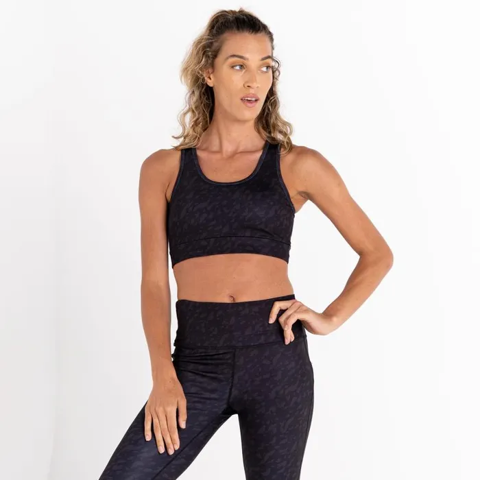 Dare 2b Swift Sports Bra Black Leaf Flow Print Women Gym Tops