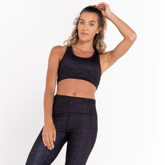 Dare 2b Swift Sports Bra Black Leaf Flow Print Women Gym Tops