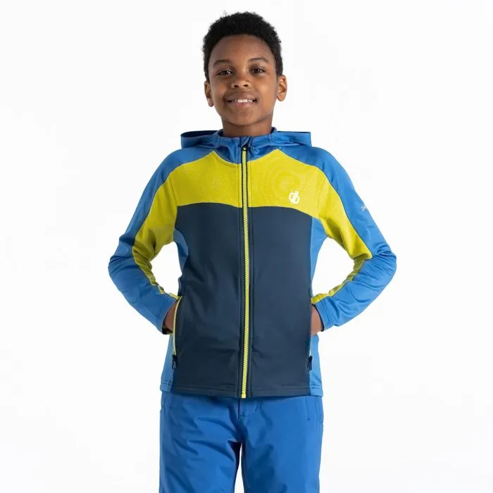 Dare 2b Thriving Hooded Core Stretch Midlayer Olympian Blue Yellow Plum Kids Fleece