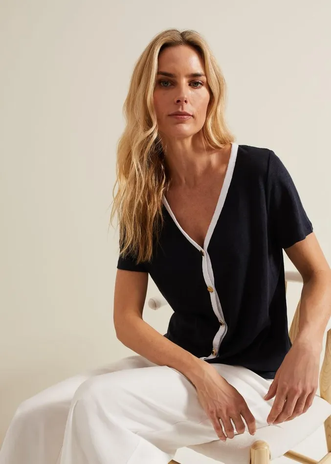 Dorothy Contrast Piping Linen Top Navywhite Women Phase Eight Tops and TShirts
