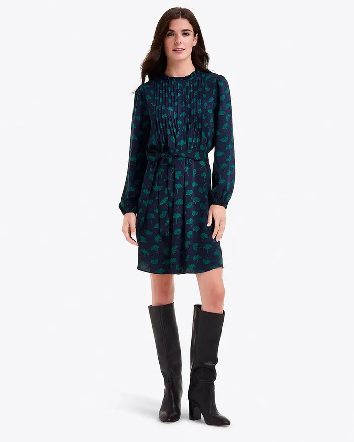 Draper James Long Sleeve Belted Dress In Ginko Leaf Women Dresses
