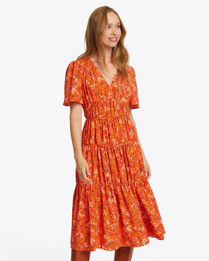 Draper James Margo Flutter Sleeve Dress In Apricot Pansy Floral Women Dresses