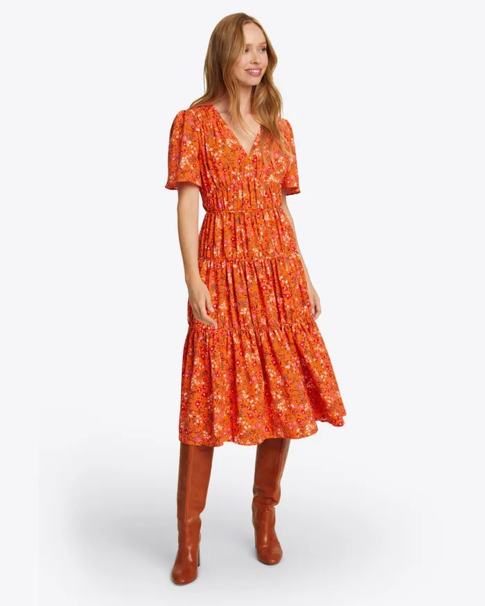 Draper James Margo Flutter Sleeve Dress In Apricot Pansy Floral Women Dresses