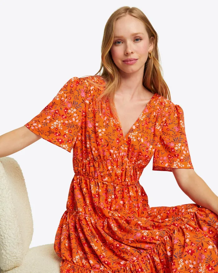 Draper James Margo Flutter Sleeve Dress In Apricot Pansy Floral Women Dresses