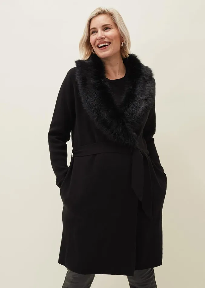 Edessa Fur Collar Wrap Coat Black Women Phase Eight Coats