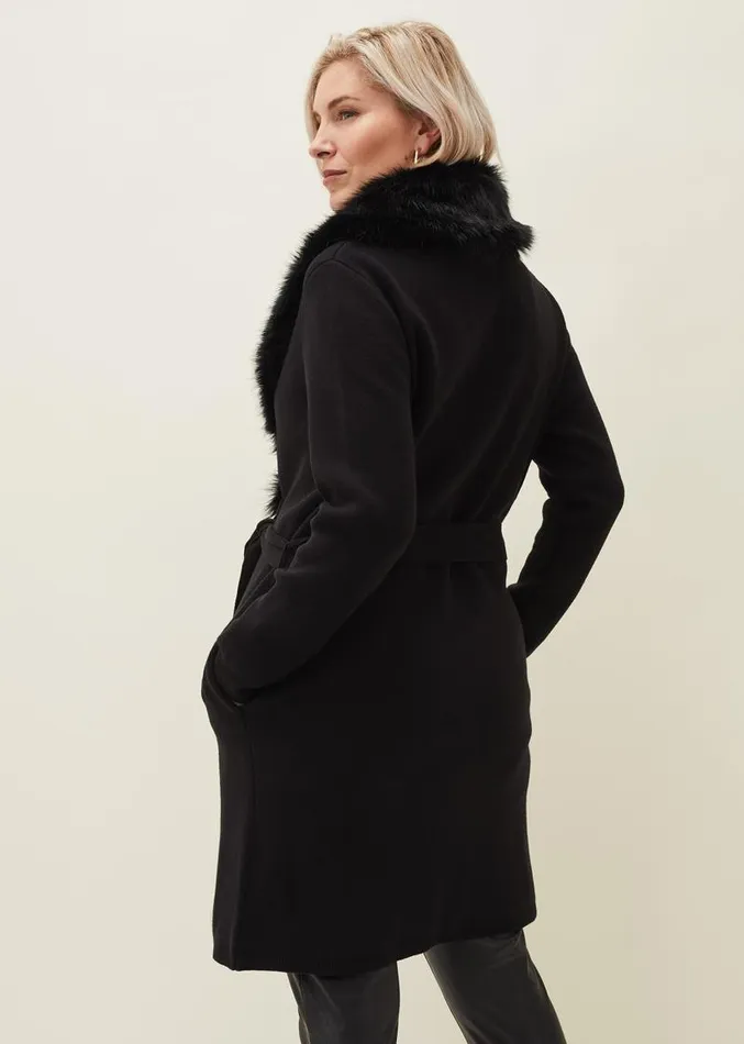 Edessa Fur Collar Wrap Coat Black Women Phase Eight Coats