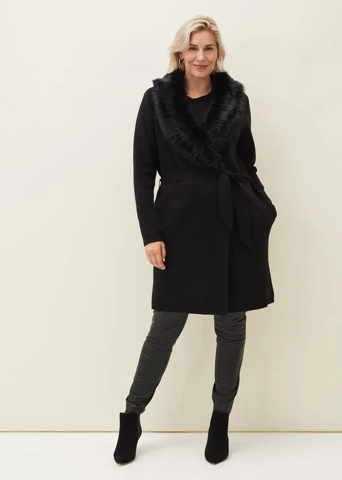 Edessa Fur Collar Wrap Coat Black Women Phase Eight Coats