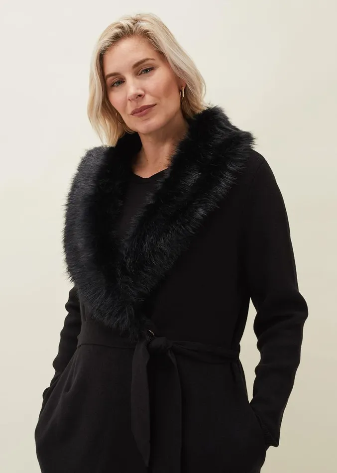 Edessa Fur Collar Wrap Coat Black Women Phase Eight Coats
