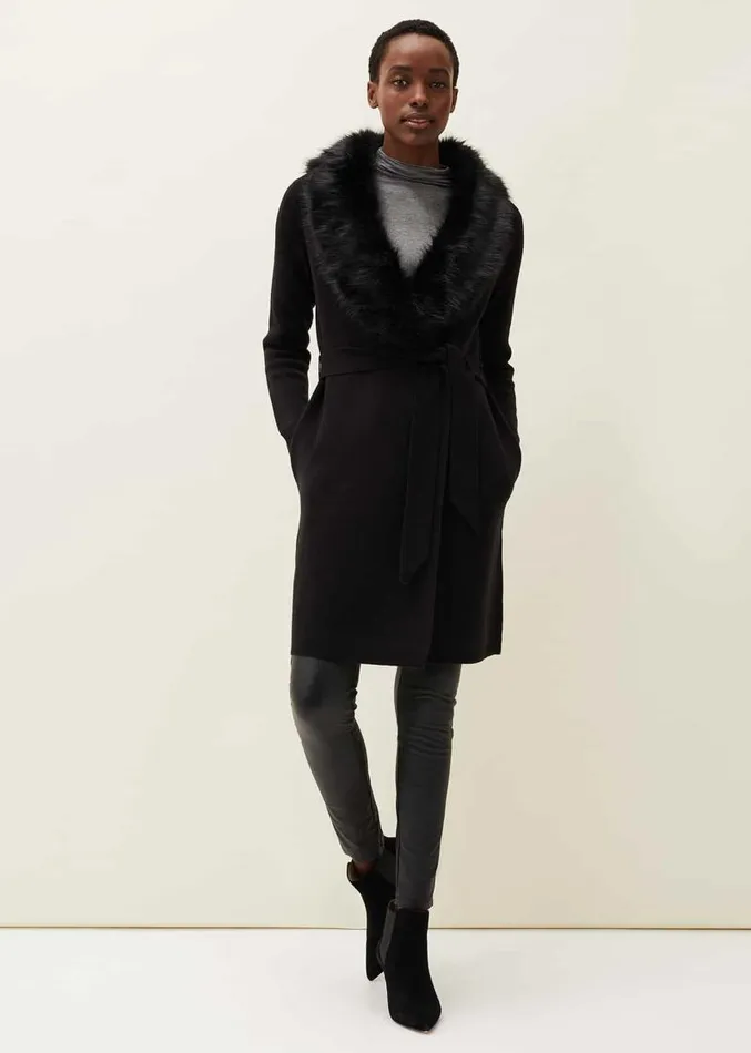 Edessa Fur Collar Wrap Coat Black Women Phase Eight Coats