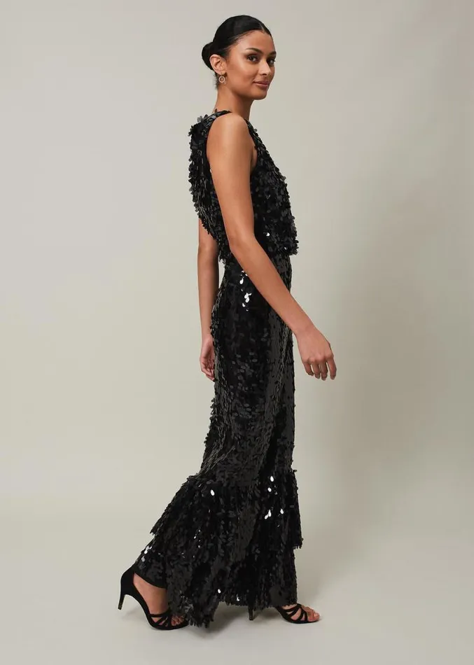 Elena Black Sequin Tiered Maxi Dress Black Women Phase Eight Dresses