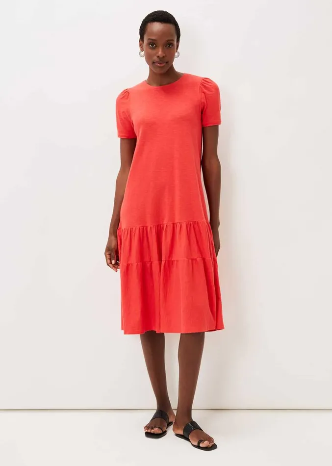 Elizebeth Cotton Tiered Midi Dress Chilli Red Women Phase Eight Dresses