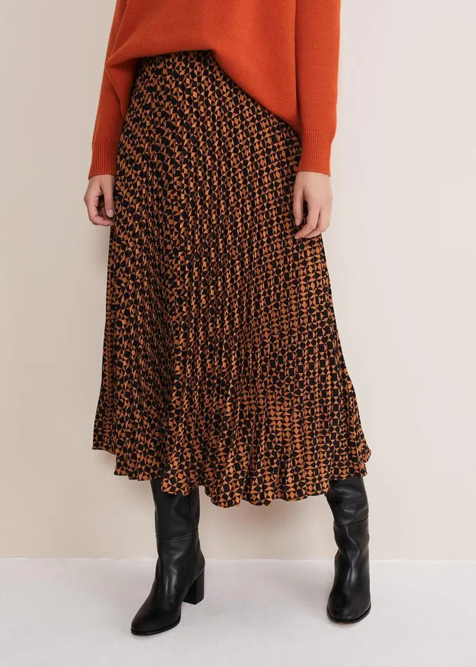 Elmina Pleated Geo Print Midi Skirt Orangeblack Women Phase Eight Skirts