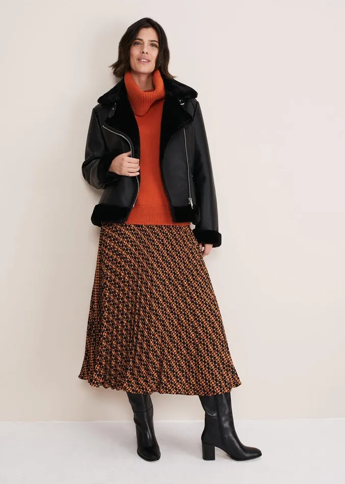 Elmina Pleated Geo Print Midi Skirt Orangeblack Women Phase Eight Skirts