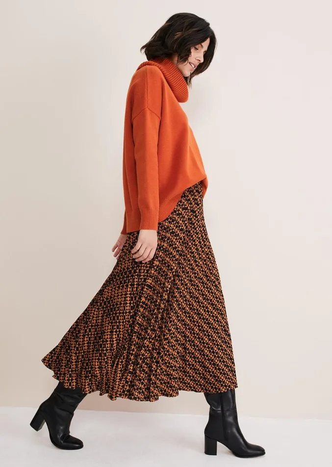 Elmina Pleated Geo Print Midi Skirt Orangeblack Women Phase Eight Skirts
