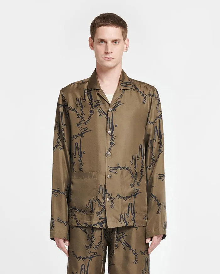 Emin Printed SilkTwill Shirt Calligraphy Khaki Men Nanushka Tops