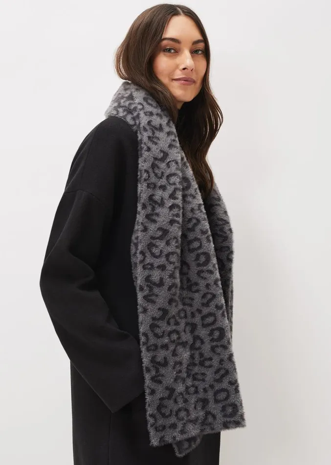 Fiona Leopard Print Fluffy Scarf Charcoal Women Phase Eight Scarves