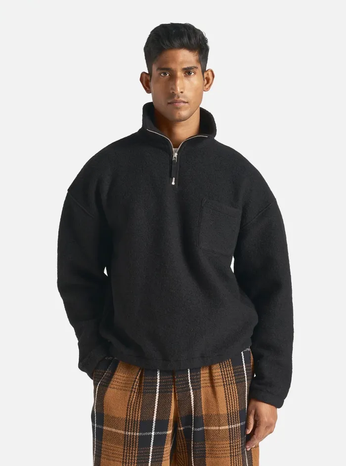 Fleece Men Universal Works Universal Works Ramsay Quarter Zip In Black Wool Fleece