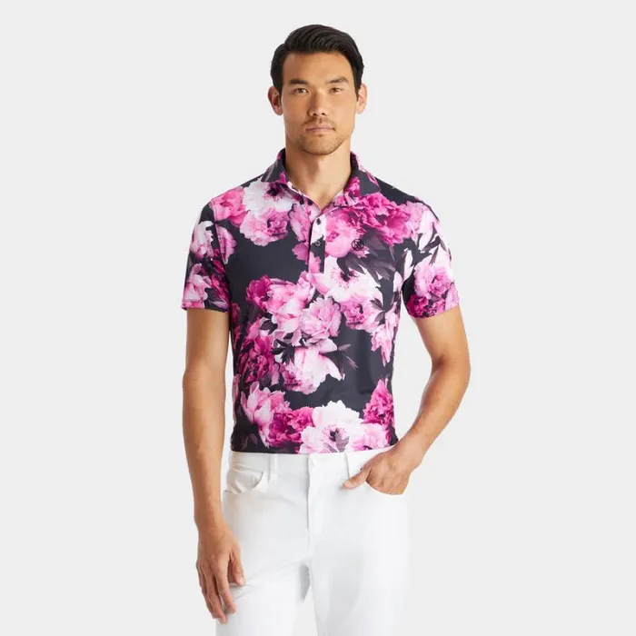 GFORE PHOTO FLORAL TECH JERSEY MODERN SPREAD COLLAR POLO Onyx Men Polos and Shirts