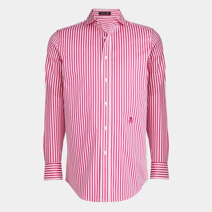 GFORE VERTICAL STRIPE STRETCH ICE WOVEN MODERN SPREAD COLLAR SHIRT Day Glow Pink Men Polos and Shirts