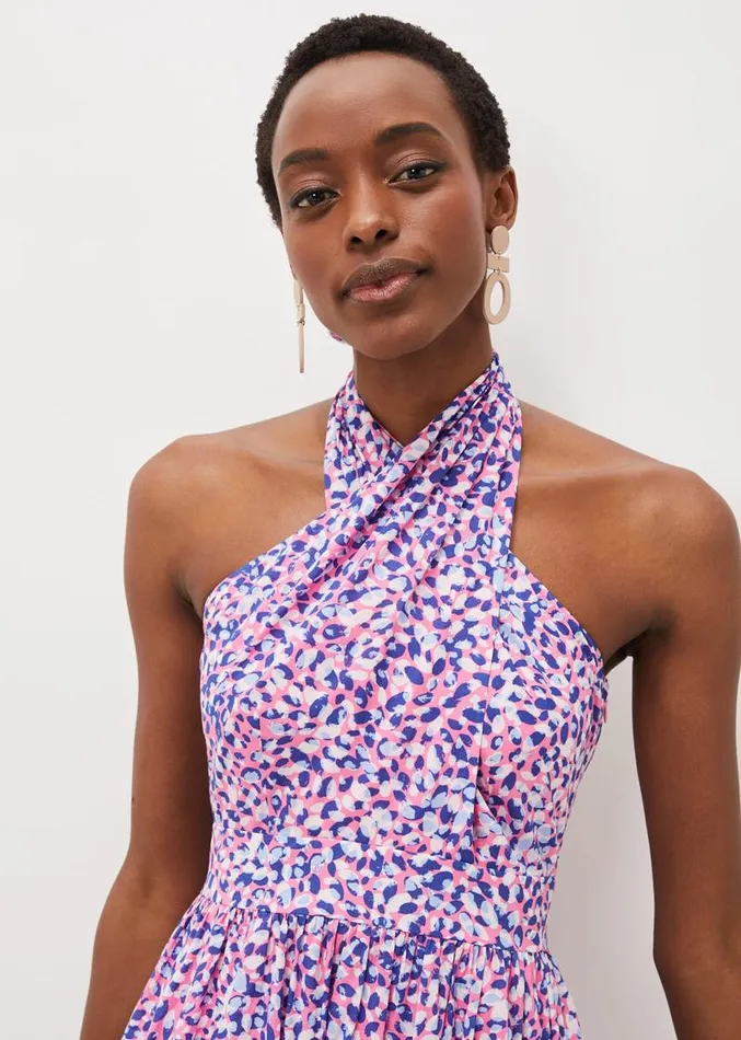 Gemmi Cotton Almond Print Halterneck Dress Pink Multi Women Phase Eight Dresses