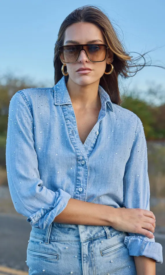 Generation Love Clothing Tops Marcello Crystal Denim Shirt Light Blueclear 8211 Women