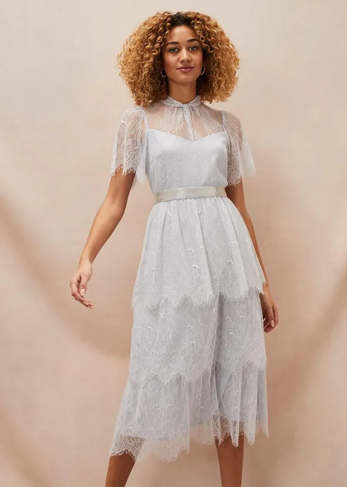 Ginnie Lace Tiered Midi Dress Smokey Blue Women Phase Eight Dresses