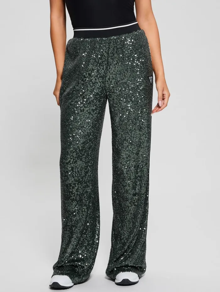 GUESS Activewear Mini Sequins Long Straight Pants Green 8211 Women