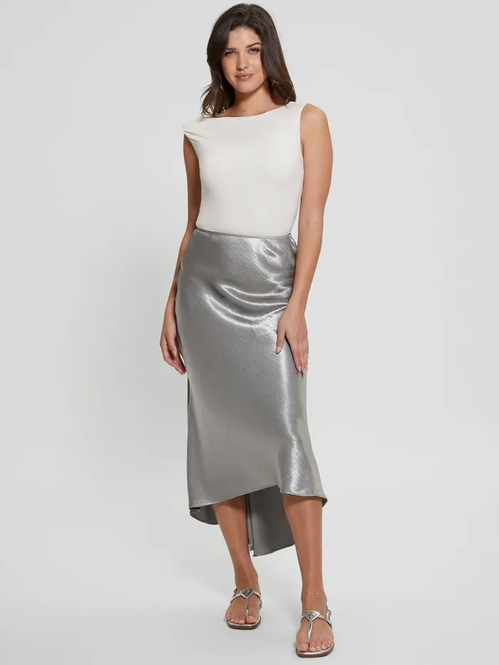 GUESS Bottoms Eco Lilya Satin Midi Skirt Grey 8211 Women