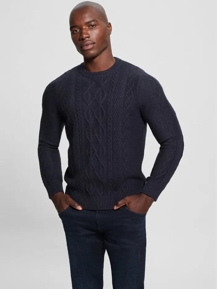 GUESS Guess Eco Eco Noah Crewneck Celtic CableKnit Sweater Blue 8211 Men