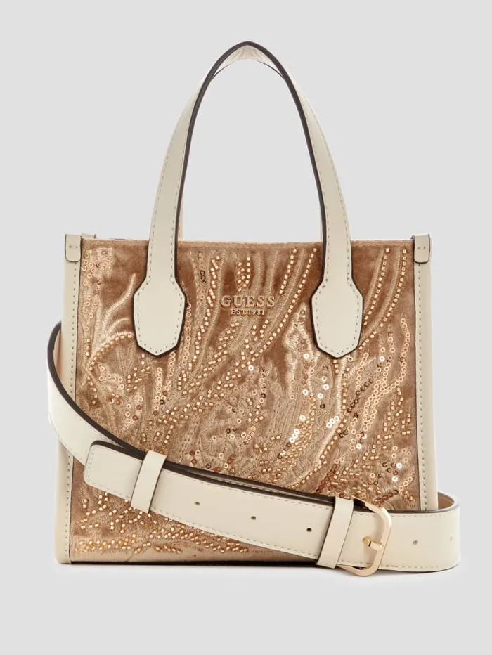 GUESS Handbags Silvana Velvet Mini Tote Gold 8211 Women