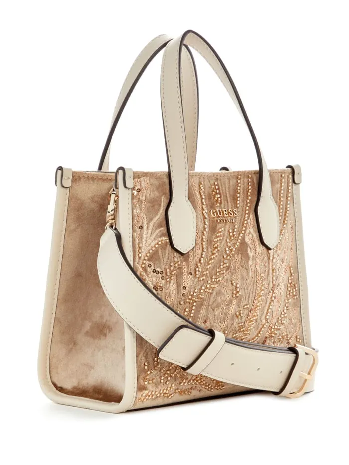 GUESS Handbags Silvana Velvet Mini Tote Gold 8211 Women
