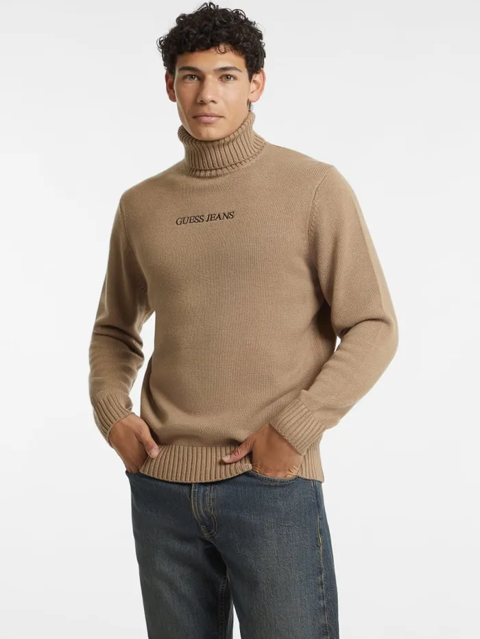 GUESS Hoodies and Sweaters Embroidered Logo Turtleneck Sweater Beige 8211 Men