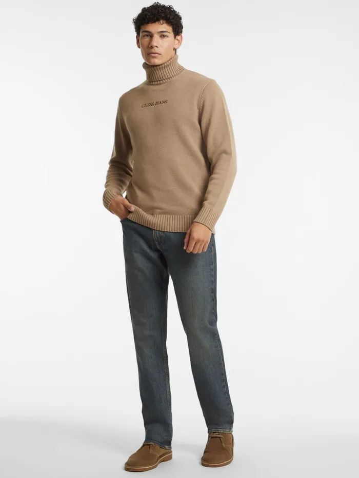GUESS Hoodies and Sweaters Embroidered Logo Turtleneck Sweater Beige 8211 Men