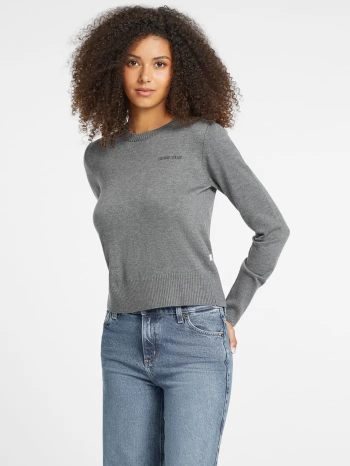 GUESS Hoodies and Sweaters Silk And WoolBlend Crew Logo Sweater Gray 8211 Women
