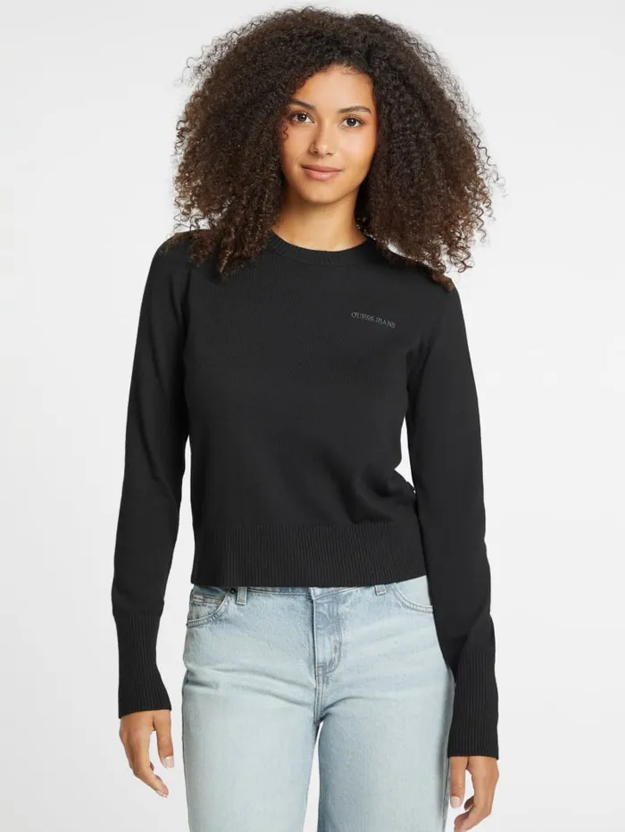 GUESS Hoodies and Sweaters Silk And WoolBlend Crew Logo Sweater Gray 8211 Women