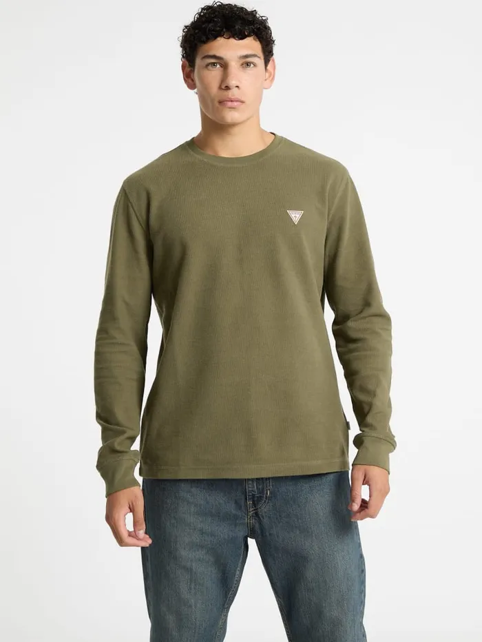 GUESS Hoodies and Sweaters WaffleKnit Mini Triangle LongSleeve Tee Green 8211 Men